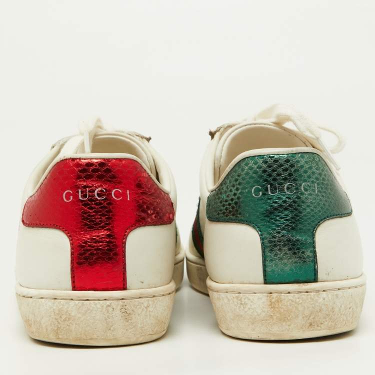 Pre Owned Gucci White Leather Ace Heart Web Low Top Sneakers Size 37