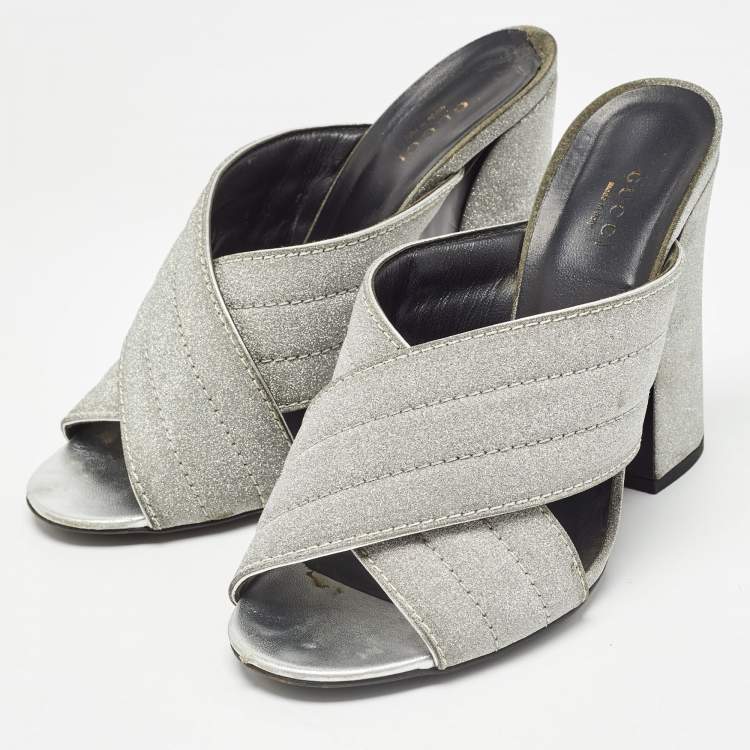Pre Owned Gucci Silver Glitter Webby Slide Sandals Size 40