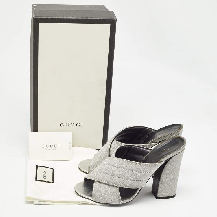 Pre Owned Gucci Silver Glitter Webby Slide Sandals Size 40