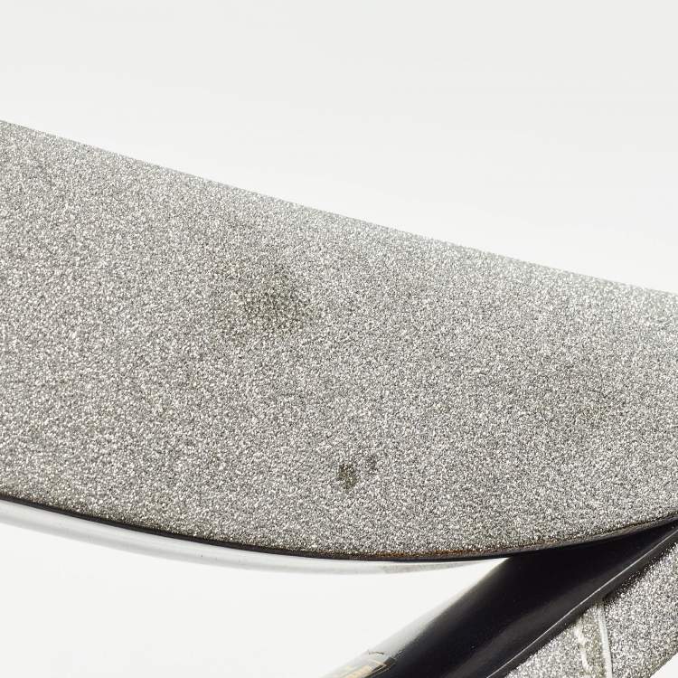 Pre Owned Gucci Silver Glitter Webby Slide Sandals Size 40