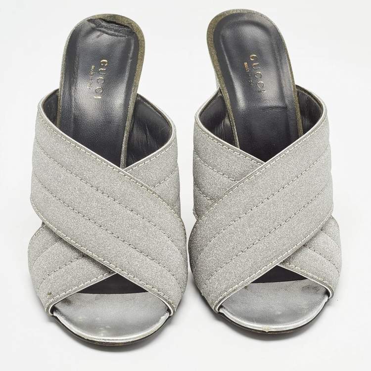 Pre Owned Gucci Silver Glitter Webby Slide Sandals Size 40