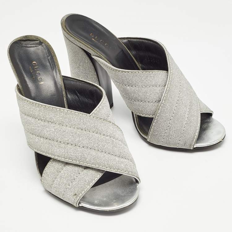 Pre Owned Gucci Silver Glitter Webby Slide Sandals Size 40