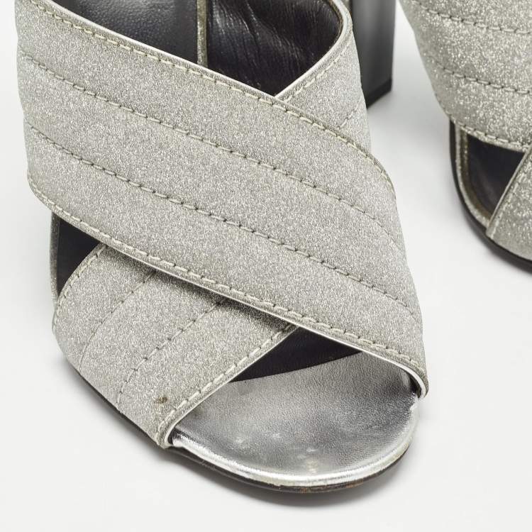 Pre Owned Gucci Silver Glitter Webby Slide Sandals Size 40