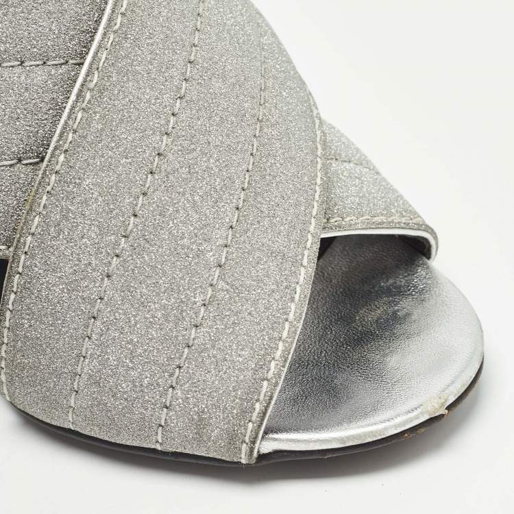 Pre Owned Gucci Silver Glitter Webby Slide Sandals Size 40