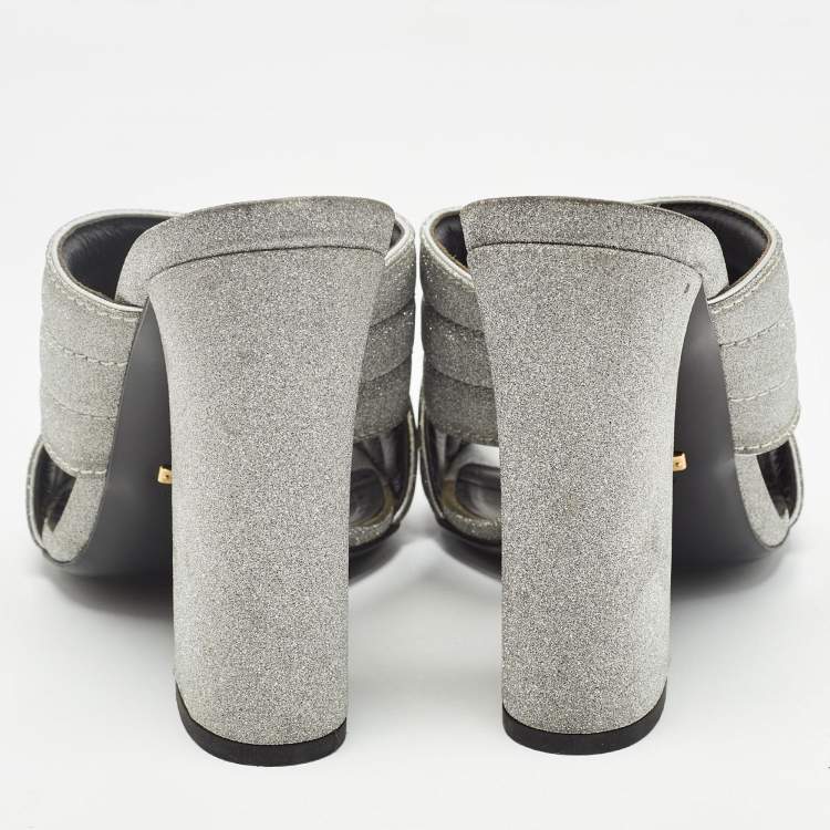 Pre Owned Gucci Silver Glitter Webby Slide Sandals Size 40