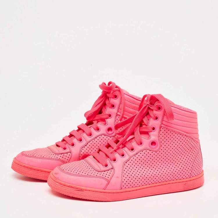 Pre Owned Gucci Neon Pink Leather Coda High Top Sneakers Size 36.5