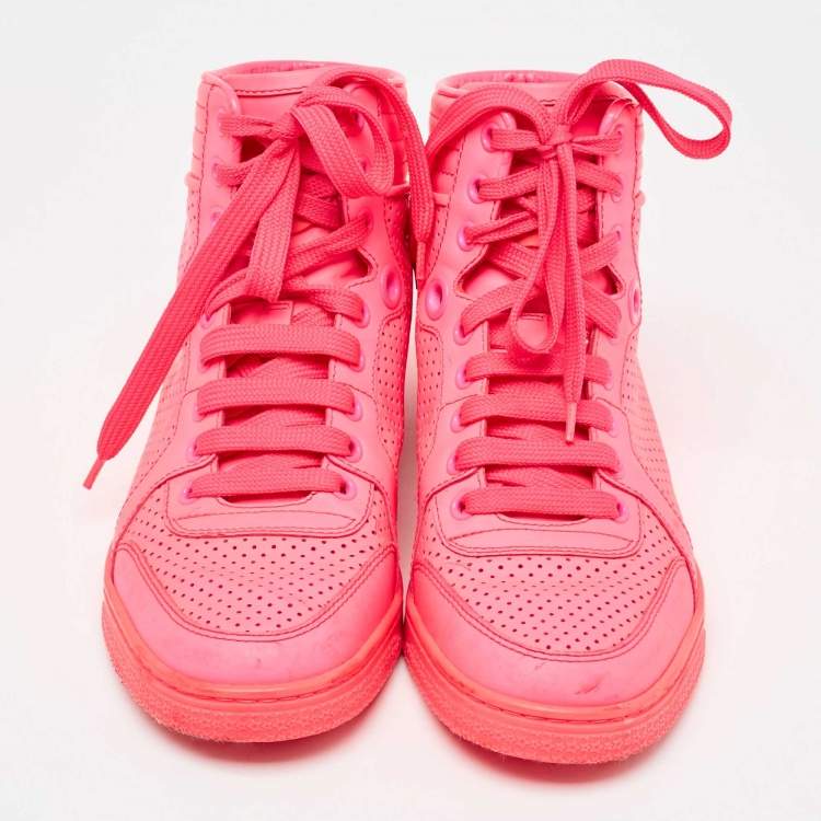 Pre Owned Gucci Neon Pink Leather Coda High Top Sneakers Size 36.5