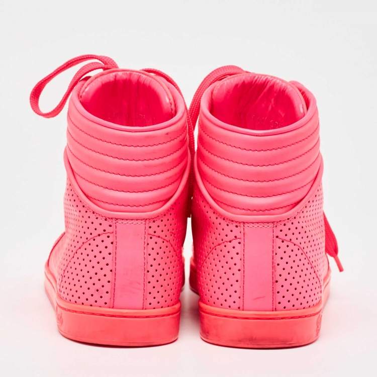 Pre Owned Gucci Neon Pink Leather Coda High Top Sneakers Size 36.5