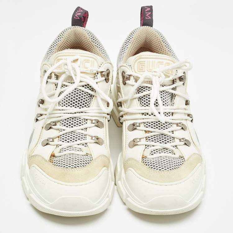 Pre Owned Gucci White Mesh and Leather Flashtrek Sneakers Size 41
