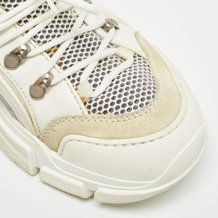 Pre Owned Gucci White Mesh and Leather Flashtrek Sneakers Size 41