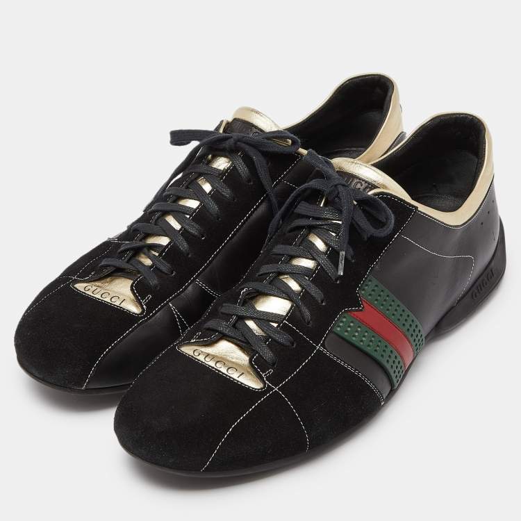 Pre Owned Gucci Gold/Black Leather and Suede Web Detail Low Top Sneakers Size 44.5