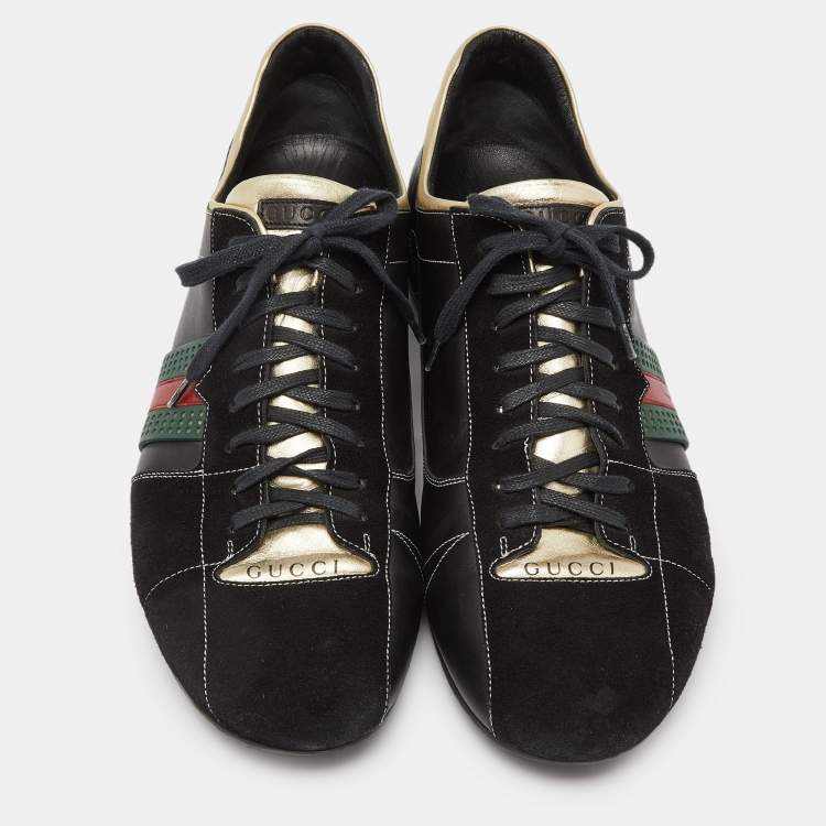 Pre Owned Gucci Gold/Black Leather and Suede Web Detail Low Top Sneakers Size 44.5