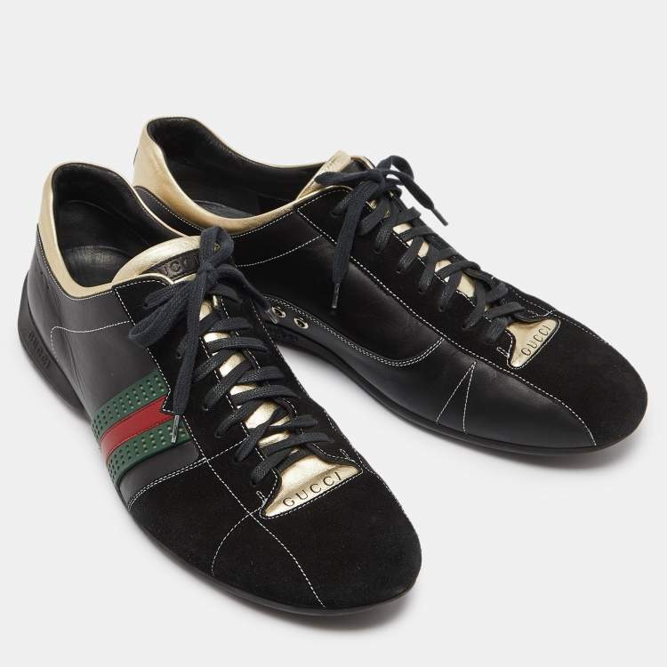 Pre Owned Gucci Gold/Black Leather and Suede Web Detail Low Top Sneakers Size 44.5