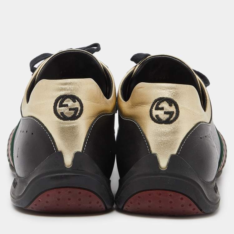 Pre Owned Gucci Gold/Black Leather and Suede Web Detail Low Top Sneakers Size 44.5