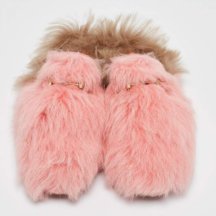 Pre Owned Gucci Pink Shearling Princetown Horsebit Flat Mules Size 39