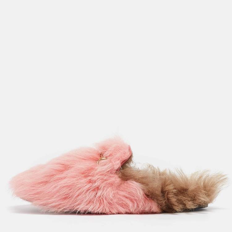 Pre Owned Gucci Pink Shearling Princetown Horsebit Flat Mules Size 39