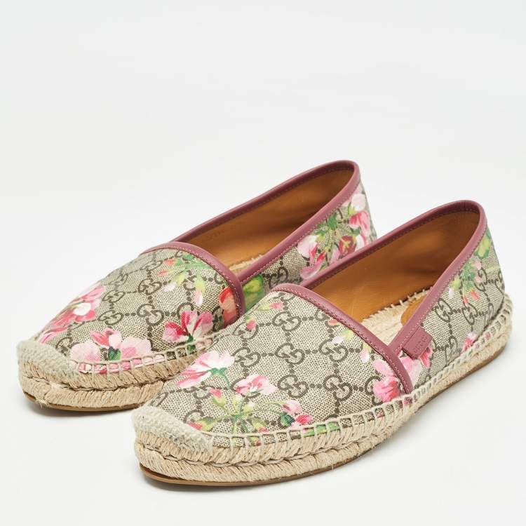 Pre Owned Gucci Beige/Brown GG Supreme Bloom Canvas Espadrille Flats Size 39.5