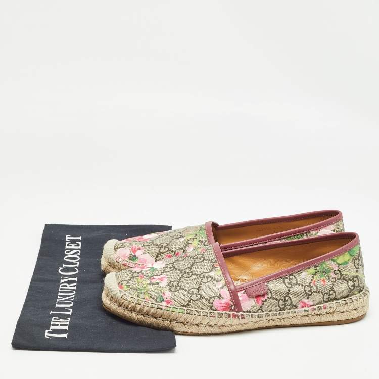 Pre Owned Gucci Beige/Brown GG Supreme Bloom Canvas Espadrille Flats Size 39.5