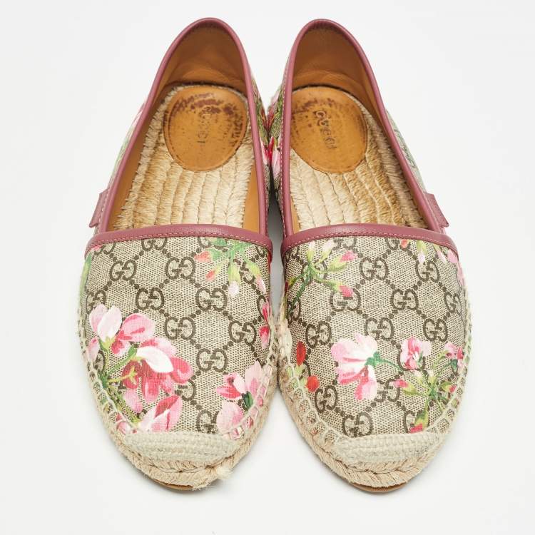 Pre Owned Gucci Beige/Brown GG Supreme Bloom Canvas Espadrille Flats Size 39.5