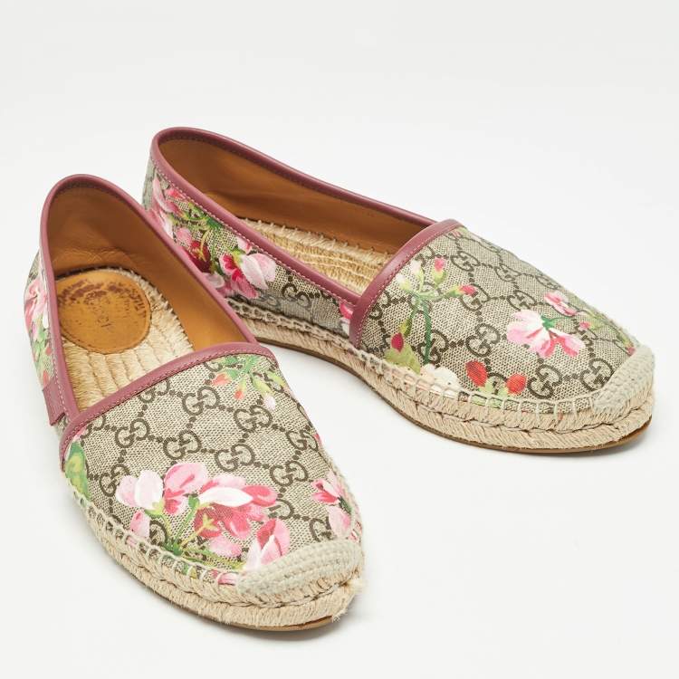 Pre Owned Gucci Beige/Brown GG Supreme Bloom Canvas Espadrille Flats Size 39.5
