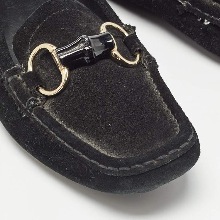 Pre Owned Gucci Black Suede Bamboo Horsebit Loafers Size 39