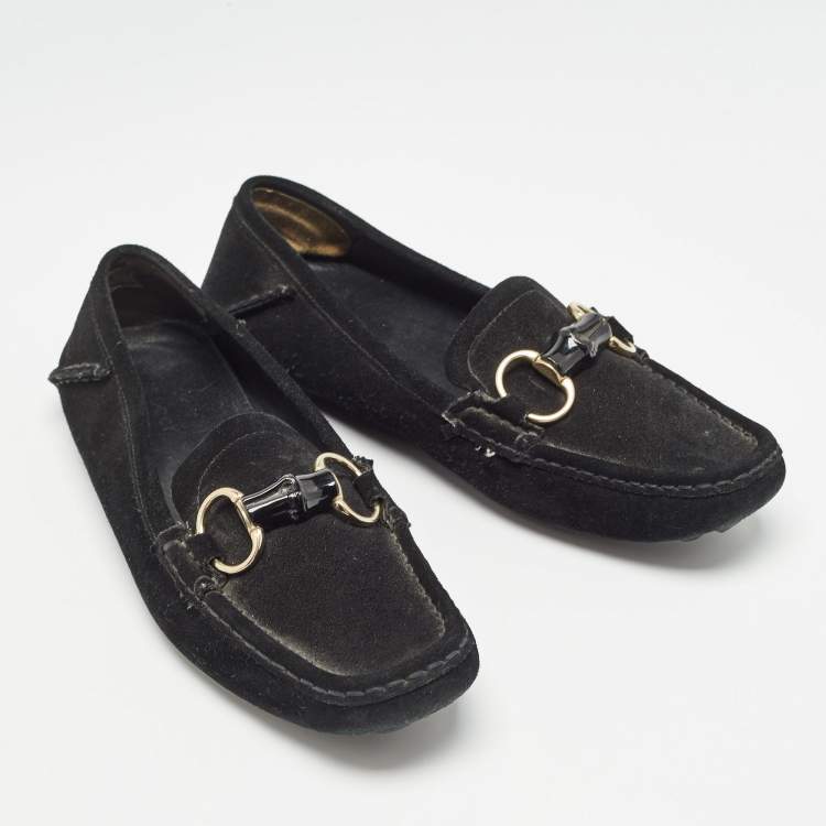 Pre Owned Gucci Black Suede Bamboo Horsebit Loafers Size 39