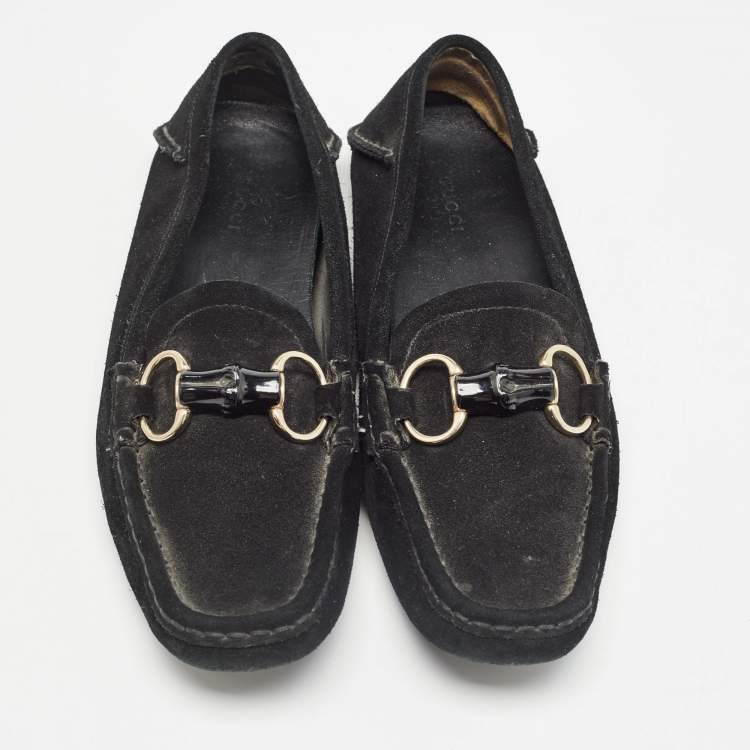 Pre Owned Gucci Black Suede Bamboo Horsebit Loafers Size 39