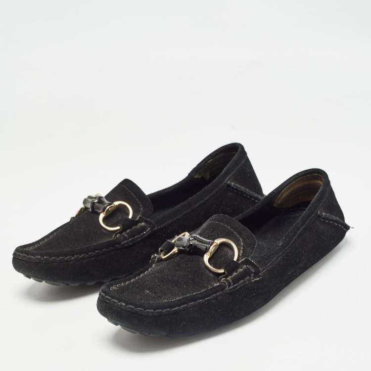 Pre Owned Gucci Black Suede Bamboo Horsebit Loafers Size 39