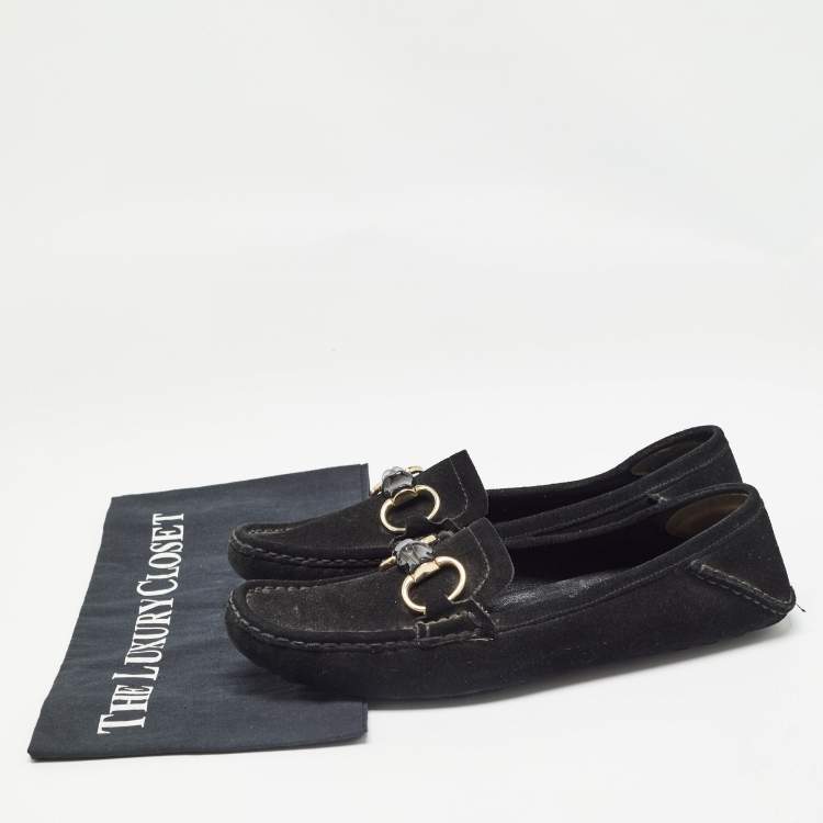 Pre Owned Gucci Black Suede Bamboo Horsebit Loafers Size 39