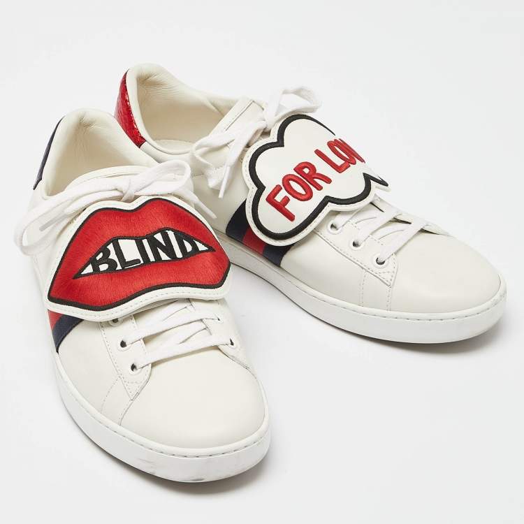 Pre Owned Gucci White Leather Ace Blind For Love Patch Low Top Sneakers Size 41