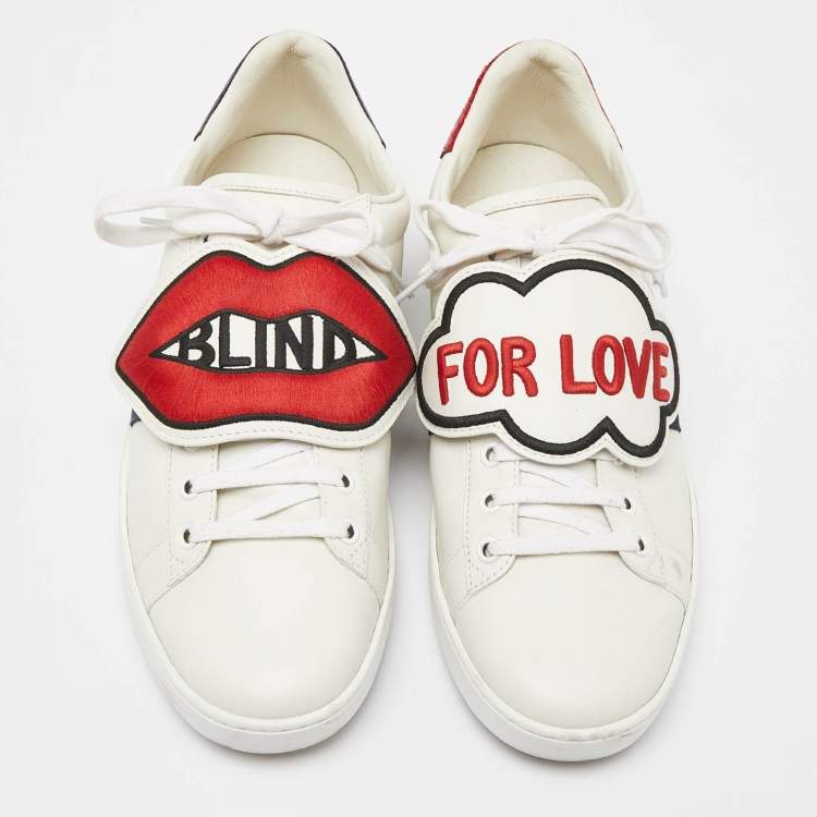 Pre Owned Gucci White Leather Ace Blind For Love Patch Low Top Sneakers Size 41