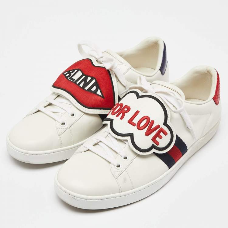 Pre Owned Gucci White Leather Ace Blind For Love Patch Low Top Sneakers Size 41