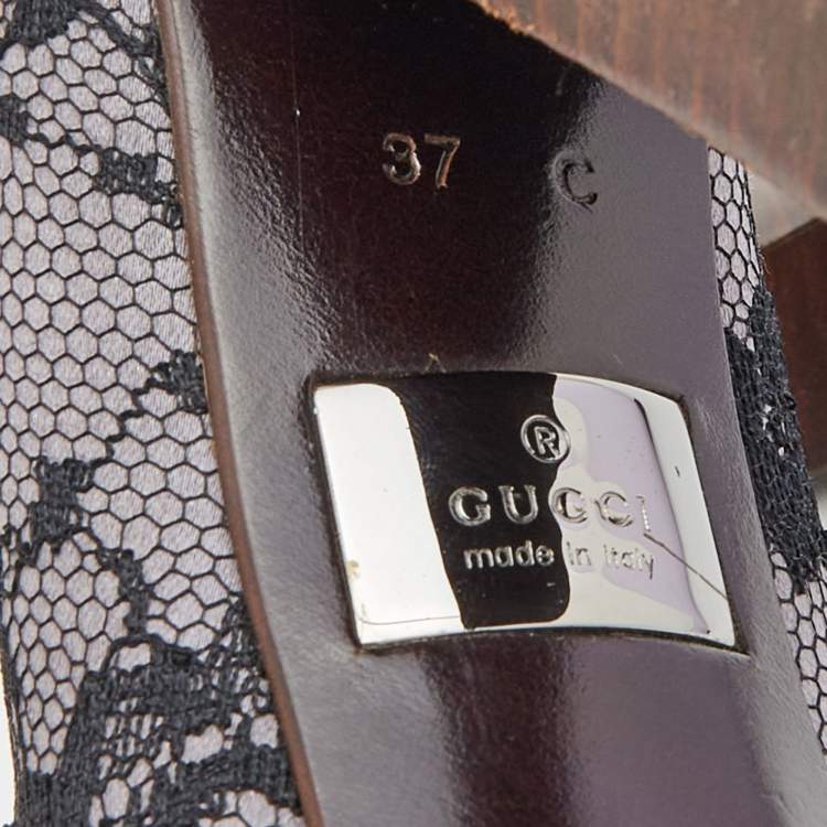 Pre Owned Gucci Black/Grey Floral Lace and Satin Platform Round Toe Pumps Size 37