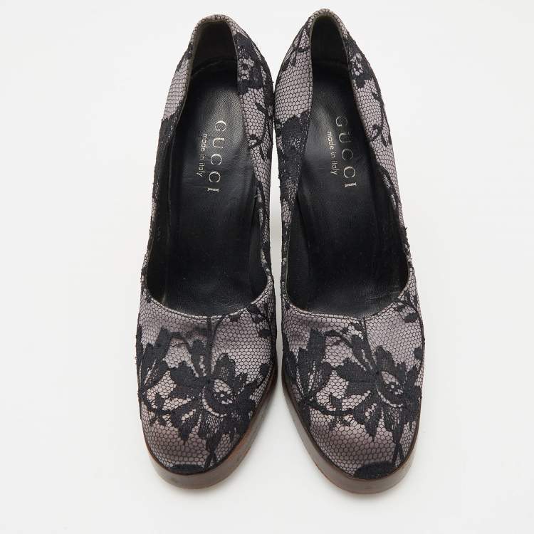 Pre Owned Gucci Black/Grey Floral Lace and Satin Platform Round Toe Pumps Size 37