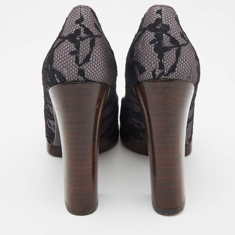 Pre Owned Gucci Black/Grey Floral Lace and Satin Platform Round Toe Pumps Size 37