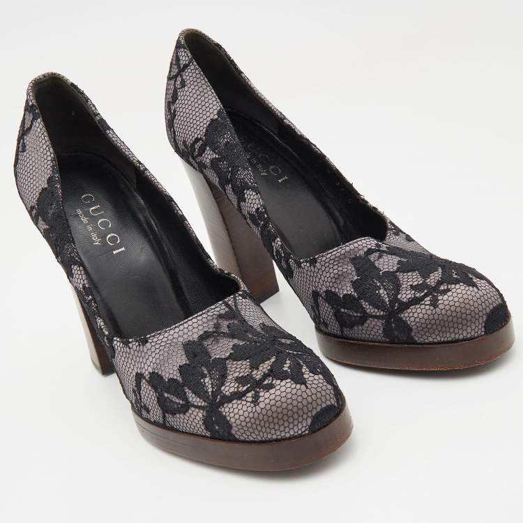 Pre Owned Gucci Black/Grey Floral Lace and Satin Platform Round Toe Pumps Size 37