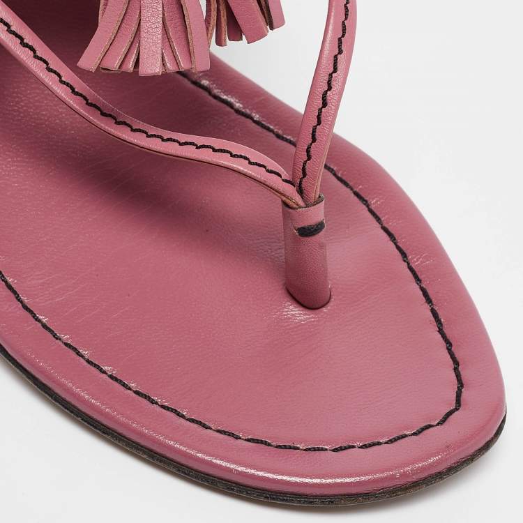 Pre Owned Gucci Pink Leather Fringe Slingback Sandals Size  37
