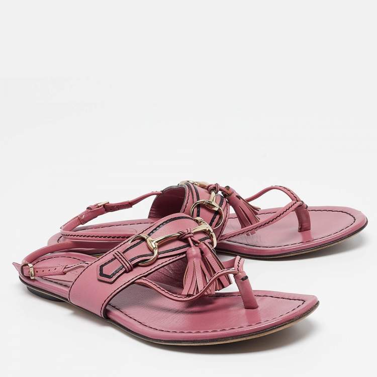 Pre Owned Gucci Pink Leather Fringe Slingback Sandals Size  37