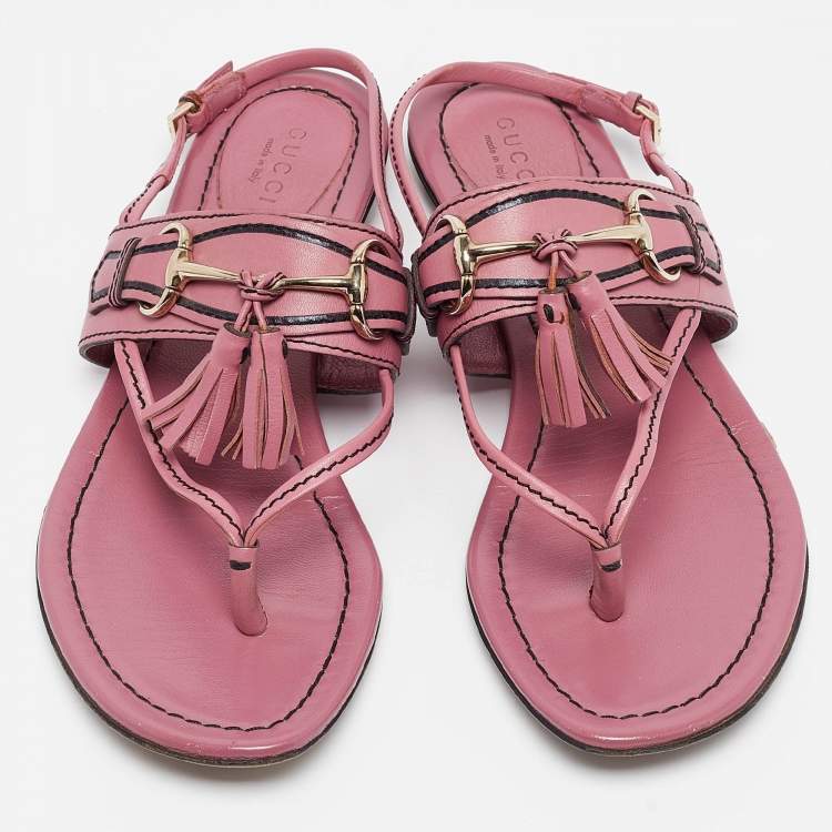 Pre Owned Gucci Pink Leather Fringe Slingback Sandals Size  37