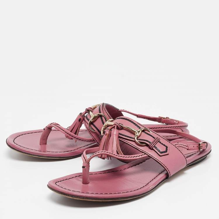 Pre Owned Gucci Pink Leather Fringe Slingback Sandals Size  37