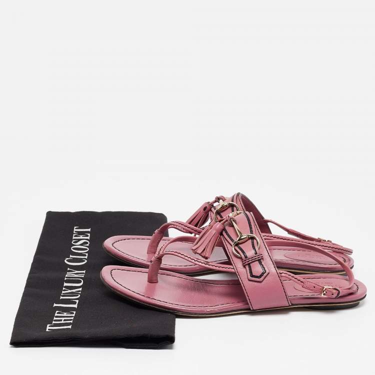 Pre Owned Gucci Pink Leather Fringe Slingback Sandals Size  37