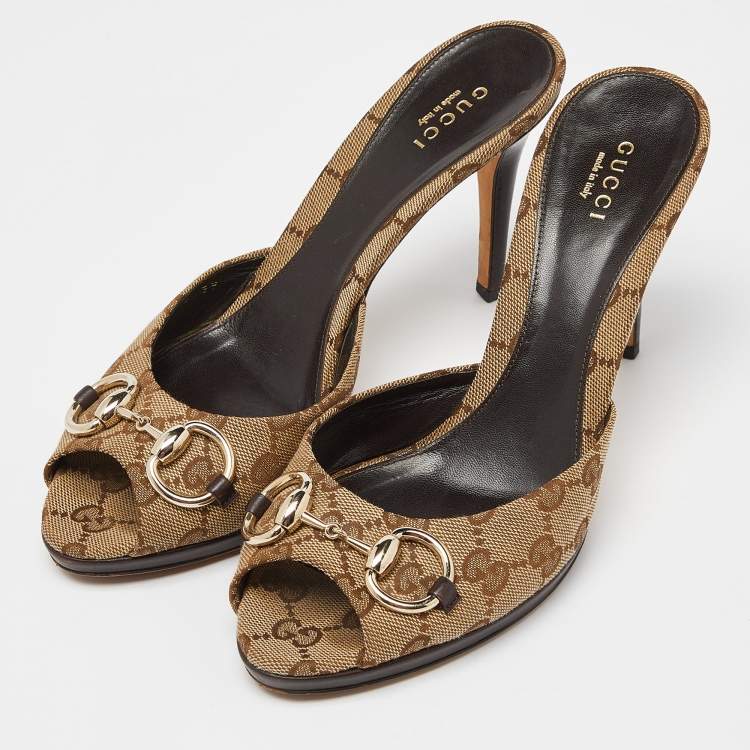 Pre Owned Gucci Beige/Brown GG Canvas and Leather New Hollywood Horsebit Slides Size 39