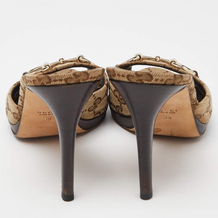 Pre Owned Gucci Beige/Brown GG Canvas and Leather New Hollywood Horsebit Slides Size 39