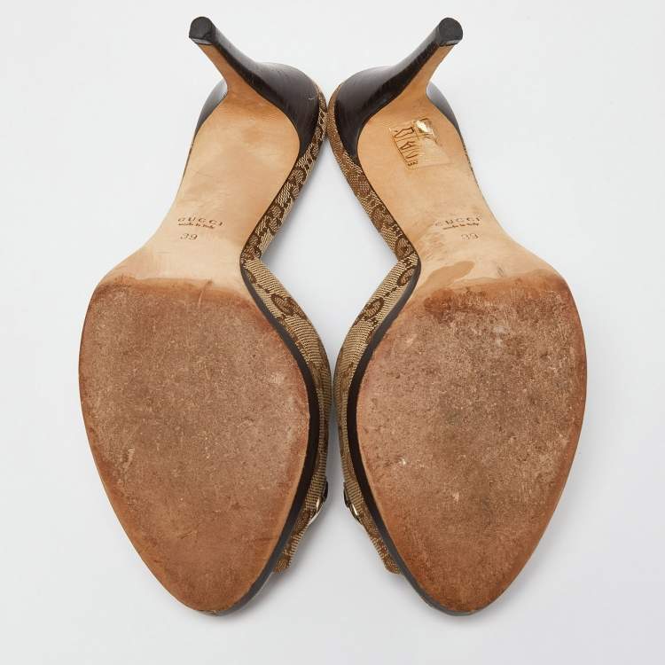 Pre Owned Gucci Beige/Brown GG Canvas and Leather New Hollywood Horsebit Slides Size 39