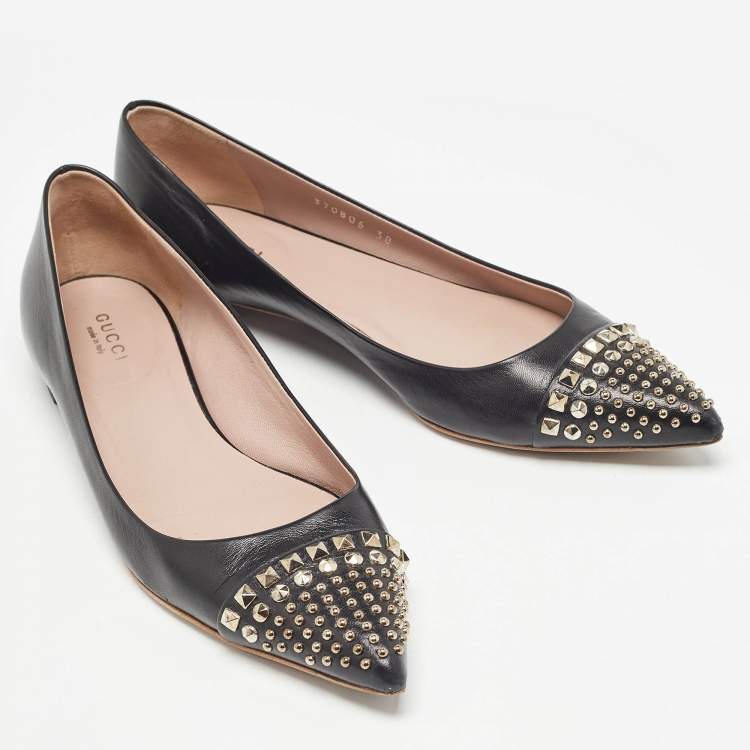 Pre Owned Gucci Black Leather Coline Studded Ballet Flats Size 38