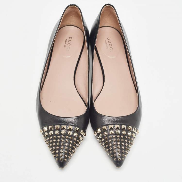 Pre Owned Gucci Black Leather Coline Studded Ballet Flats Size 38