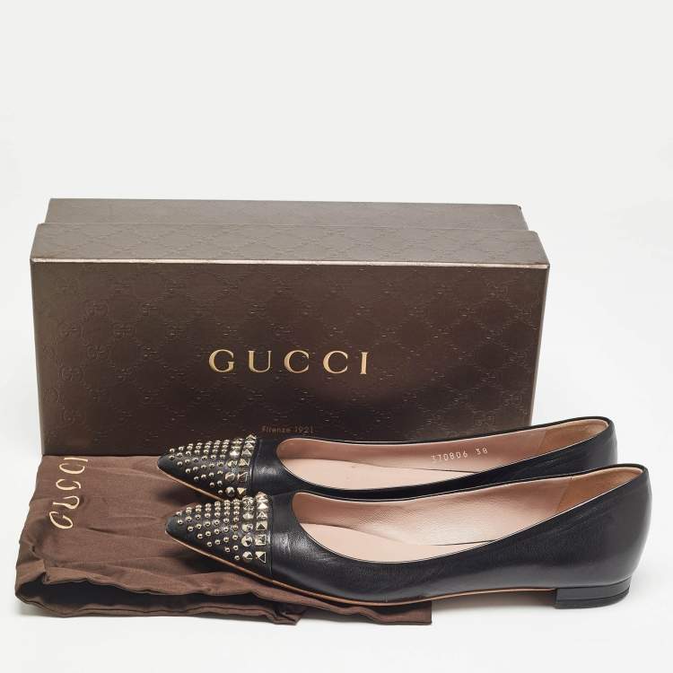 Pre Owned Gucci Black Leather Coline Studded Ballet Flats Size 38
