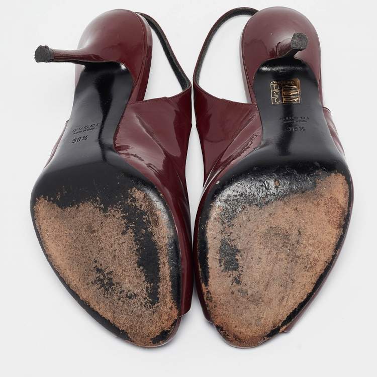 Pre Owned Gucci Burgundy Patent Leather Peep Toe Slingback Pumps Size 38.5