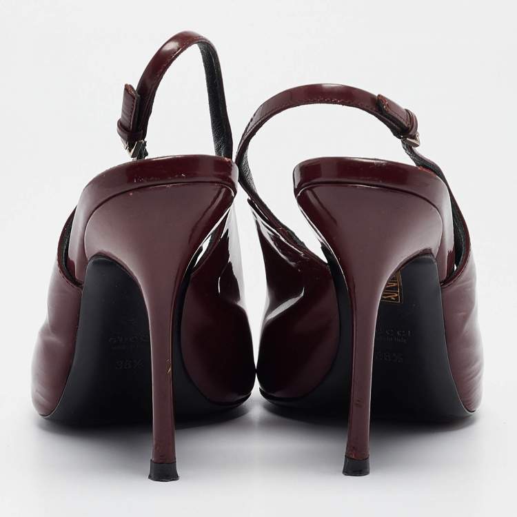 Pre Owned Gucci Burgundy Patent Leather Peep Toe Slingback Pumps Size 38.5