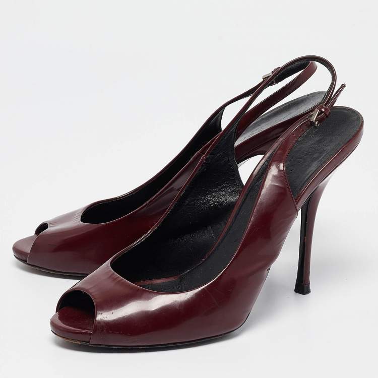 Pre Owned Gucci Burgundy Patent Leather Peep Toe Slingback Pumps Size 38.5